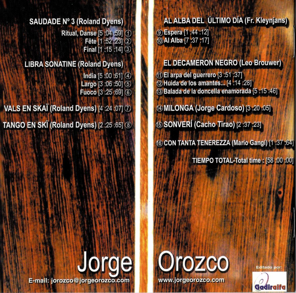 Contraportada del CD Guitarra fin de siglo, primer trabajo discográfico de Jorge Orozco