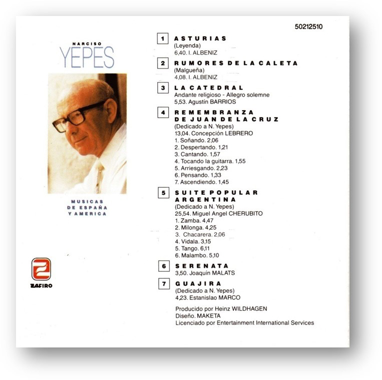 Contraportada del CD de Narciso Yepes "Música de España y América"